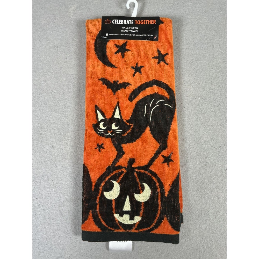 Celebrate Together Halloween Hand Towel Black Cat Pumpkin Orange 16x25 New